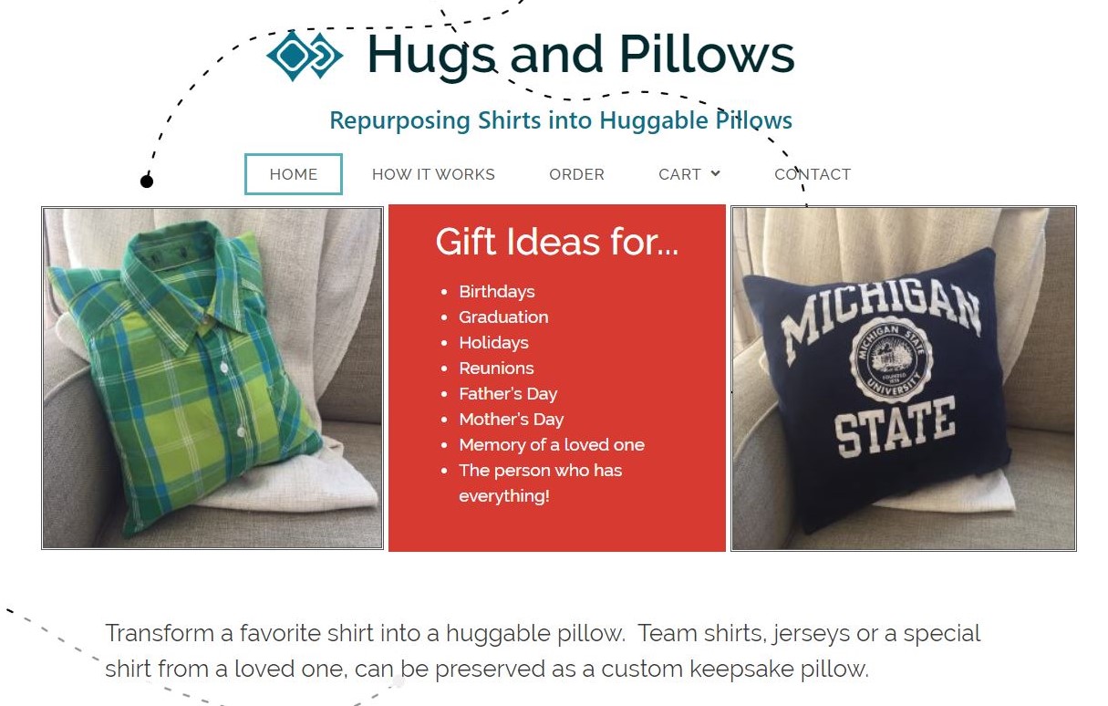 Hugs and Pillows home page screenshot